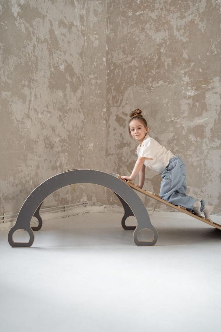 tupti.wood, 2w1: duży bujak montessori + duża zjeżdżalnia, drabinka, szara