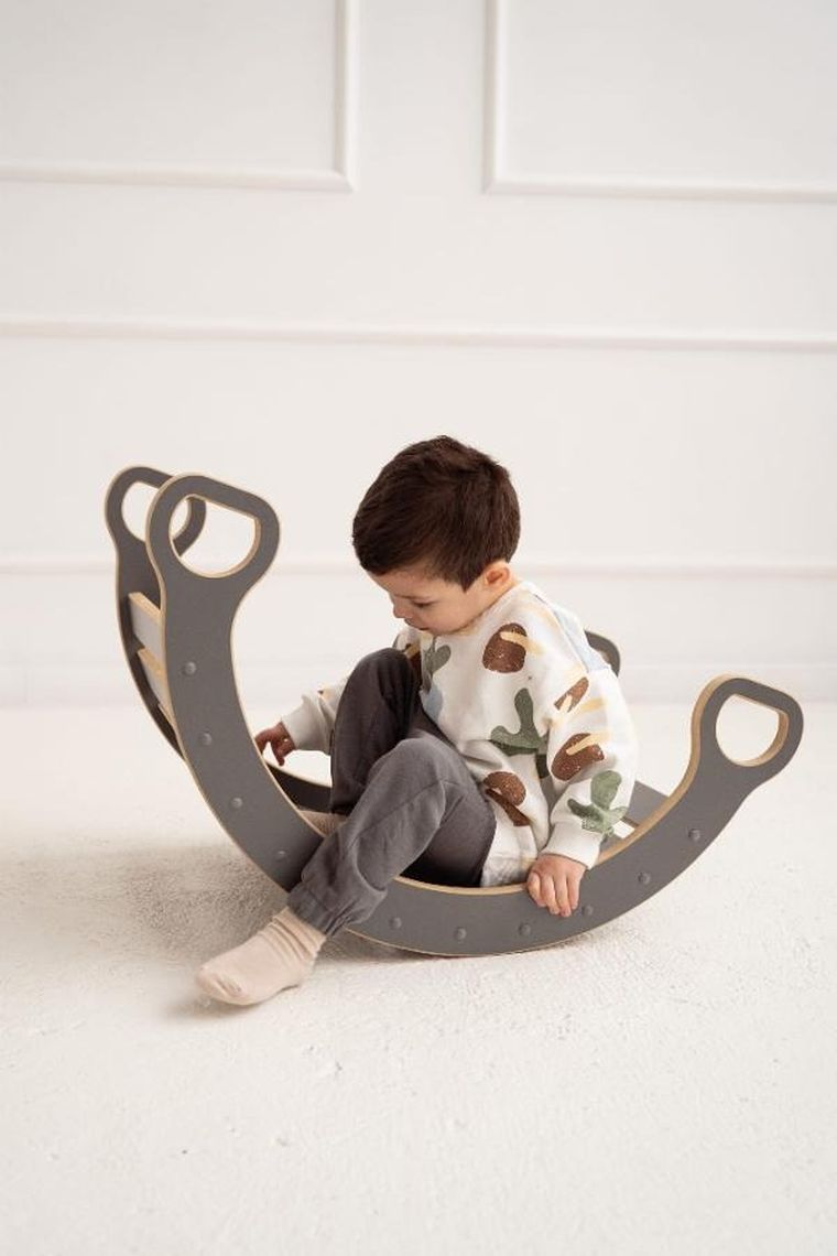 tupti.wood, 3w1: mały bujak montessori + mała zjeżdżalnia, chmurki, szary