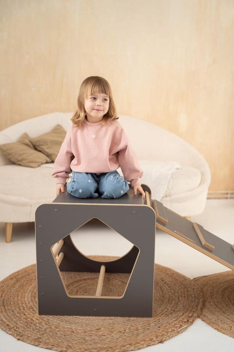 tupti.wood, kostka wielozadaniowa + mała zjeżdżalnia, drabinka, szara