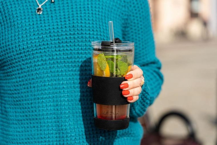 Vialli Design, kubek termiczny szklany ze słomką, 600 ml, czarny Fuori