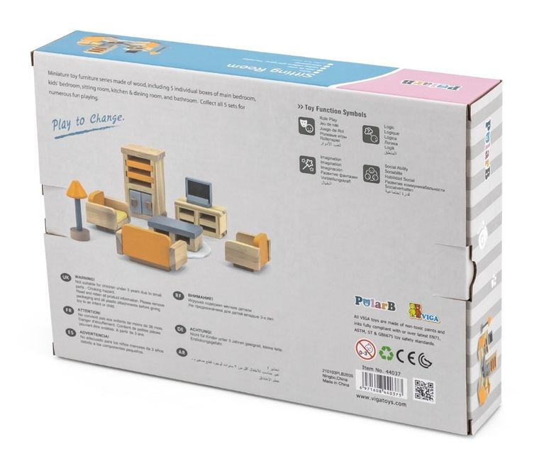 Viga, PolarB, zestaw mebelków do domku dla lalek, pokój dzienny z telewizorem