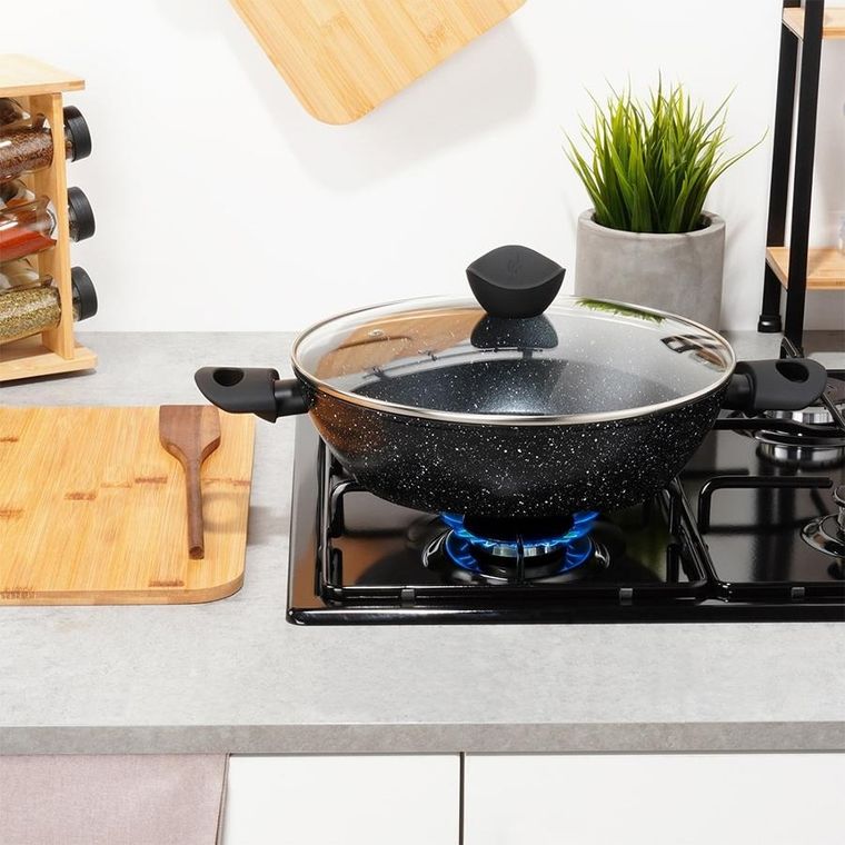 Vilde, Black line, patelnia granitowa głęboka ze szklaną pokrywką, 28 cm, 3,5 l