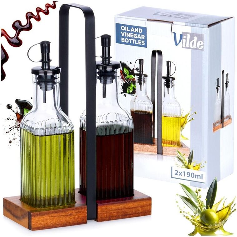 Vilde, butelka na oliwę i ocet, szklana ze stojakiem, 190 ml, 3 elementy