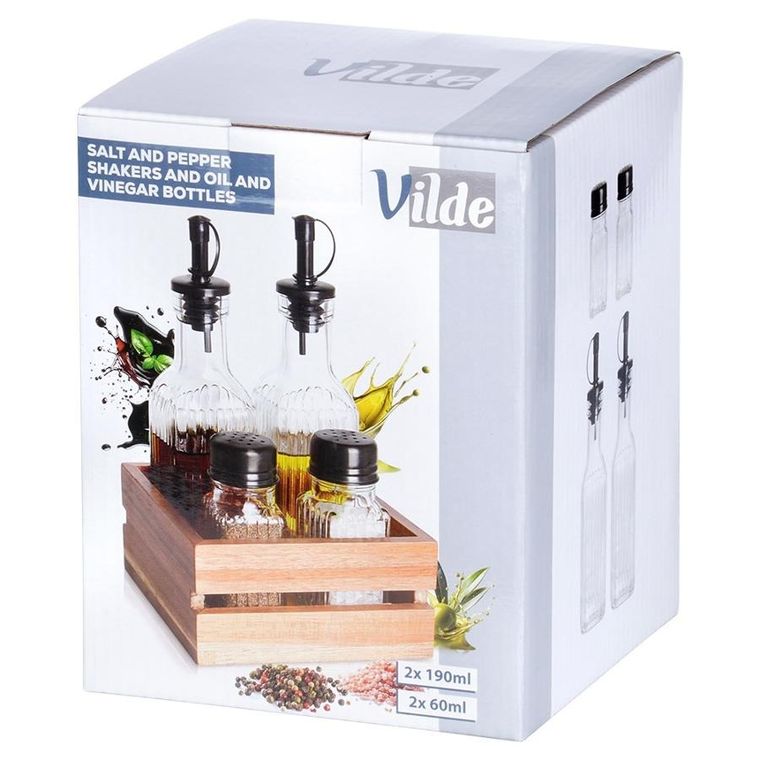 Vilde, butelki na oliwę i ocet, przyprawniki w stojaku, 5 elementów