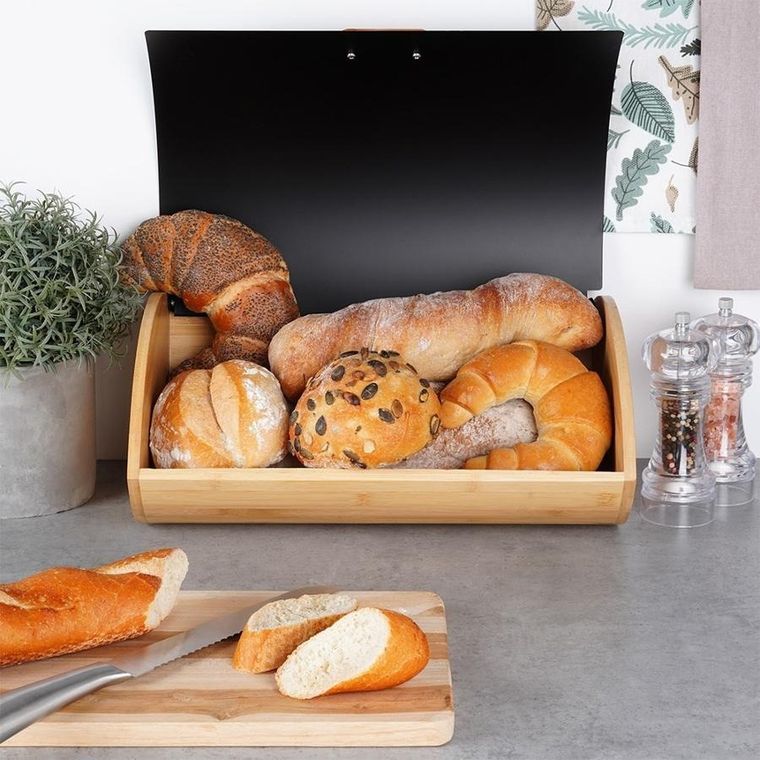 Vilde, chlebak drewniano-metalowy, czarny, 35,5-24,5-15,5 cm