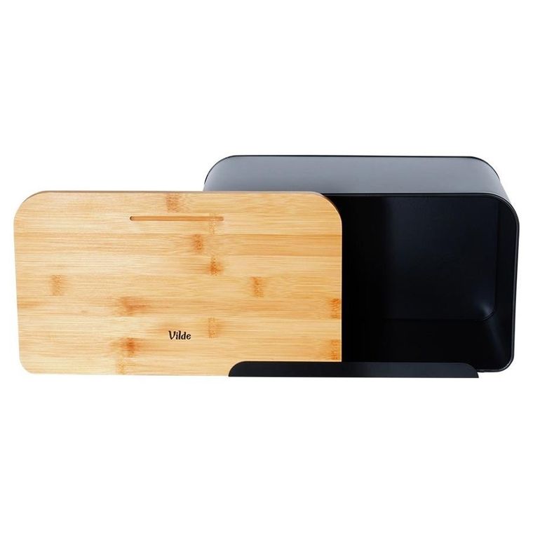 Vilde, chlebak metalowy z deską bambusową, czarny, 35-22-20,5 cm