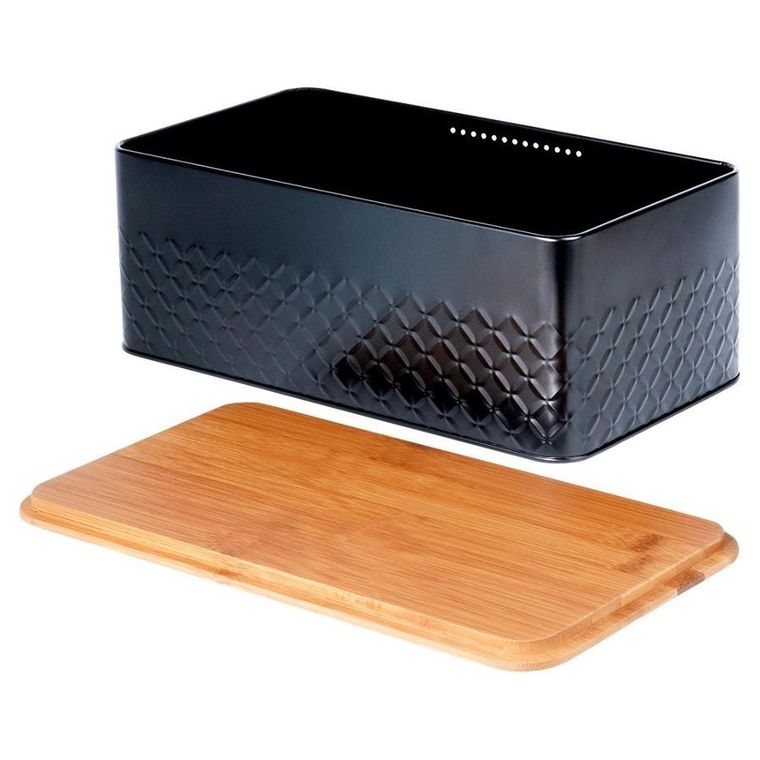 Vilde, chlebak metalowy z deską drewnianą, czarny, 33,5-18,5-12,5 cm