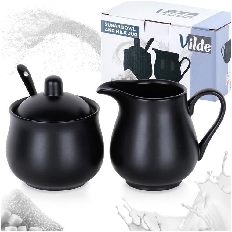 Vilde, cukierniczka i mlecznik, porcelanowe, czarne, 3 elementy