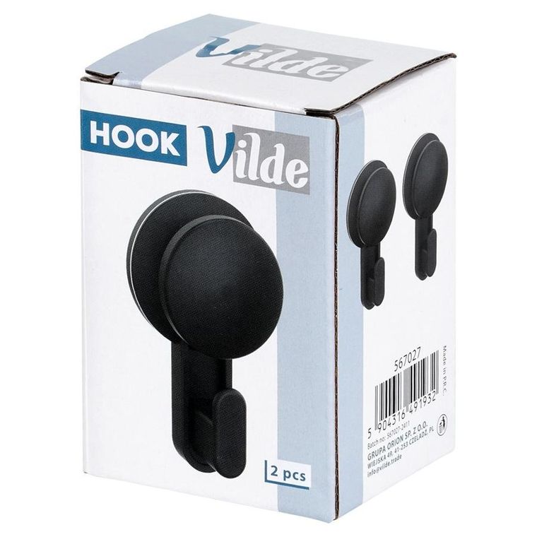Vilde, haczyk wieszak na przyssawkę, czarny, 5,5 cm, 2 szt.