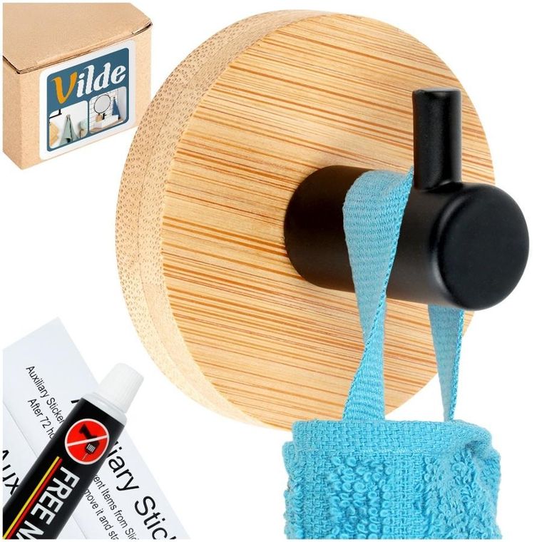 Vilde, haczyk, wieszak samoprzylepny, drewniany, metalowy, czarny, 5-3,5 cm