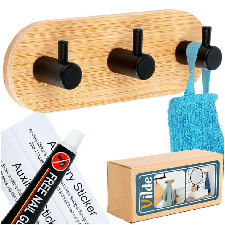 Vilde, haczyk, wieszak samoprzylepny, drewniany, metalowy, czarny, potrójny, 14-3,5-5 cm