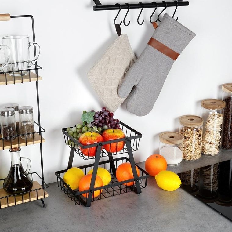 Vilde, koszyk na owoce metalowy, 2-poziomowy, czarny