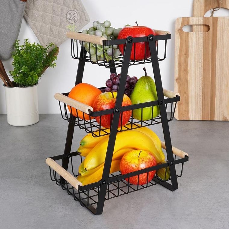 Vilde, koszyk na owoce, metalowy czarny, 3-poziomowy