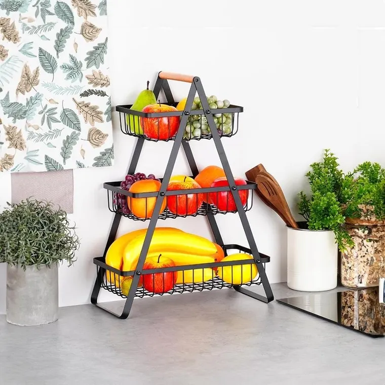 Vilde, koszyk na owoce metalowy, czarny, 3-poziomowy