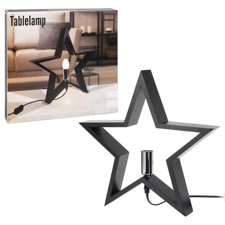 Vilde, lampa stołowa, gwiazda drewniana, czarna, 36.5-5.5-34.5 cm