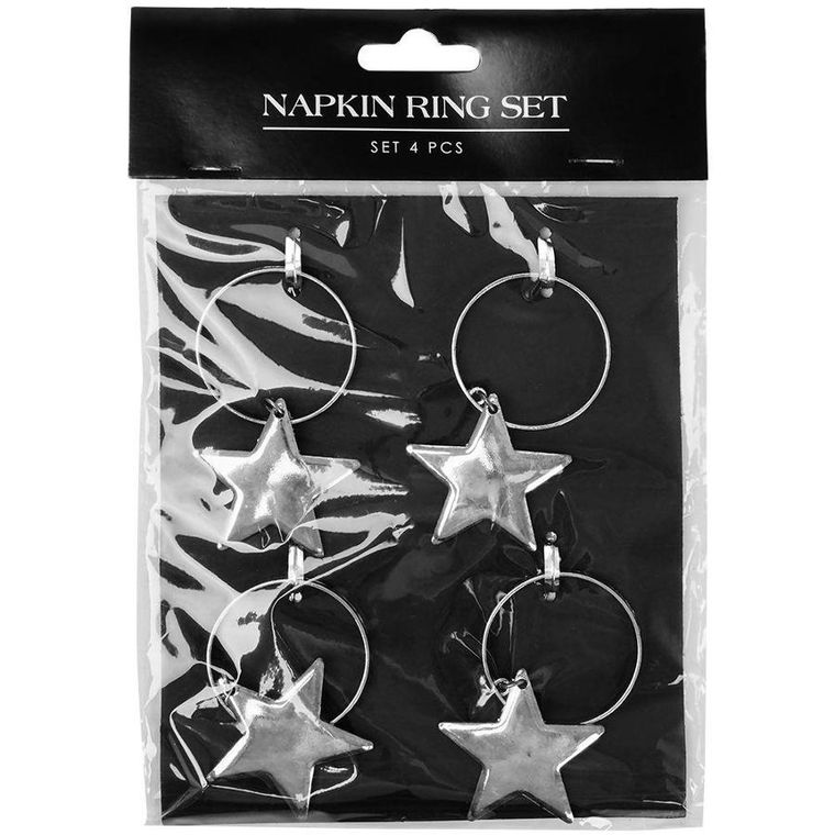 Vilde, obrączki na serwetki, metalowe srebrne, gwiazdki, 4 szt.