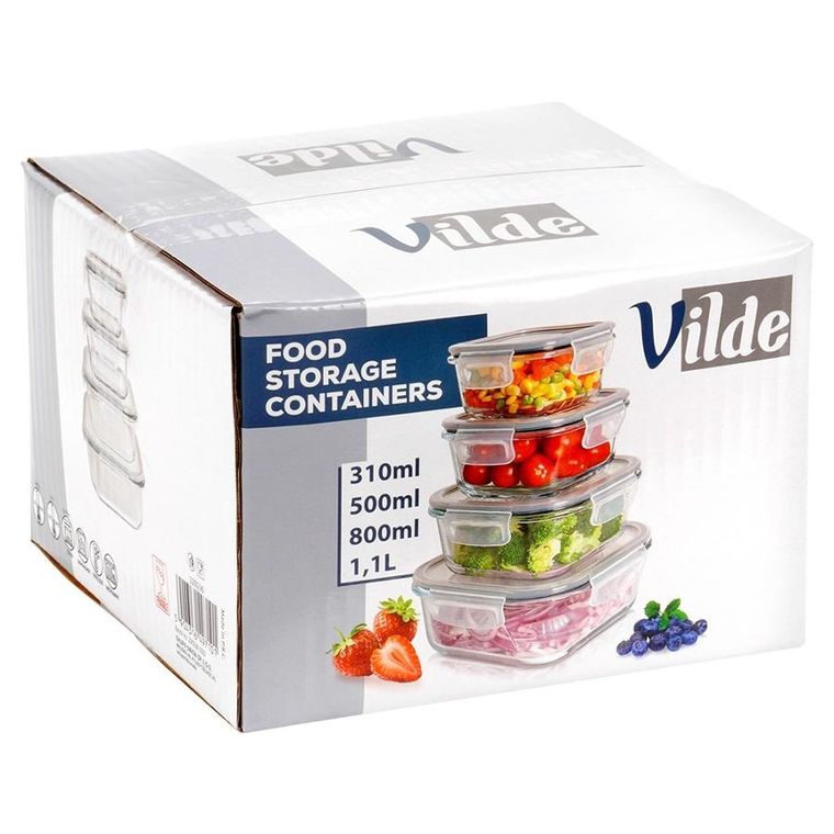 Vilde, pojemniki na żywność szklane z pokrywką i uszczelką, kwadratowe, 4 szt.