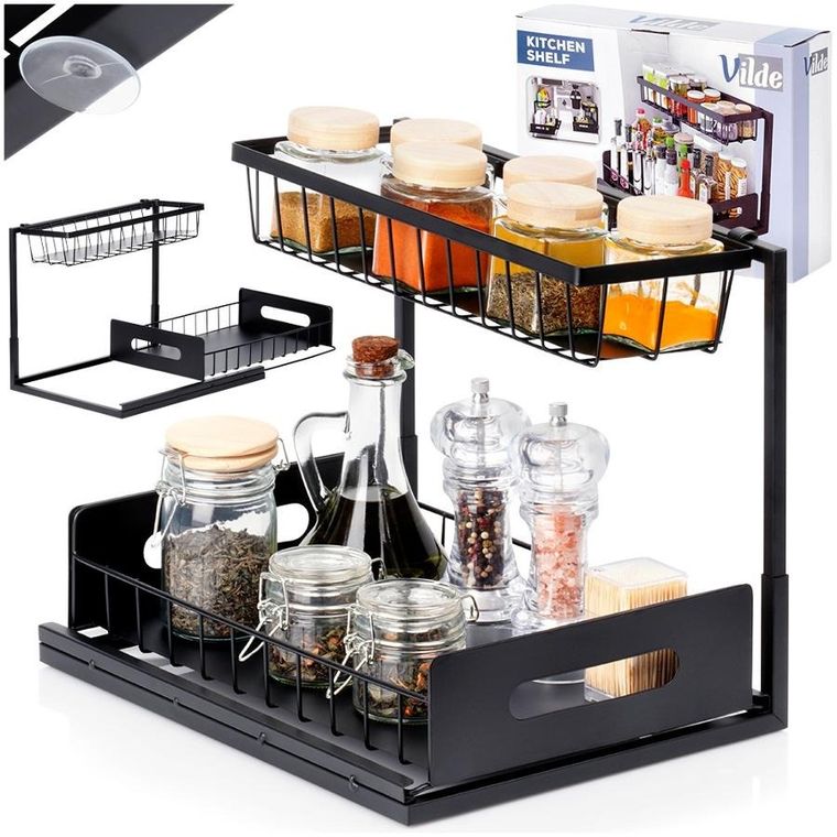 Vilde, półka kuchenna z wysuwaną szufladą, dwupoziomowa, metalowa, czarna, 36-27-28,5 cm