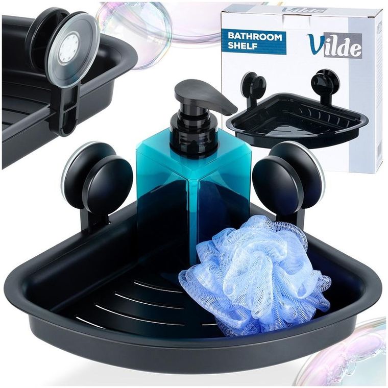 Vilde, półka pod prysznic na przyssawki, narożna, czarna, 28-22-12 cm