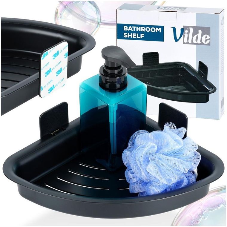 Vilde, półka pod prysznic, narożna, przyklejana, czarna, 28-22-8 cm