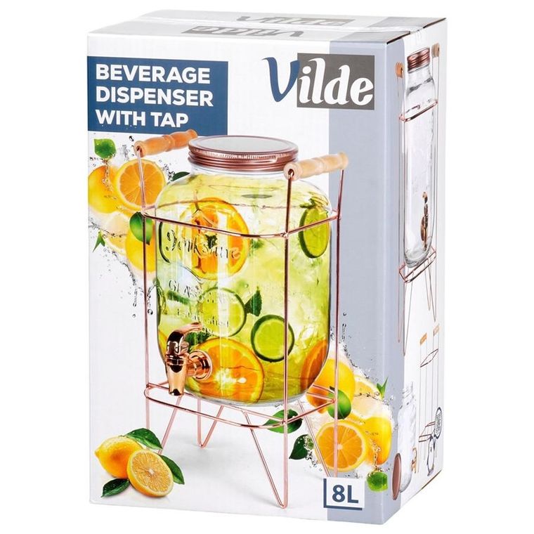 Vilde, słój do napojów z kranikiem i stojakiem, złoty, 8l