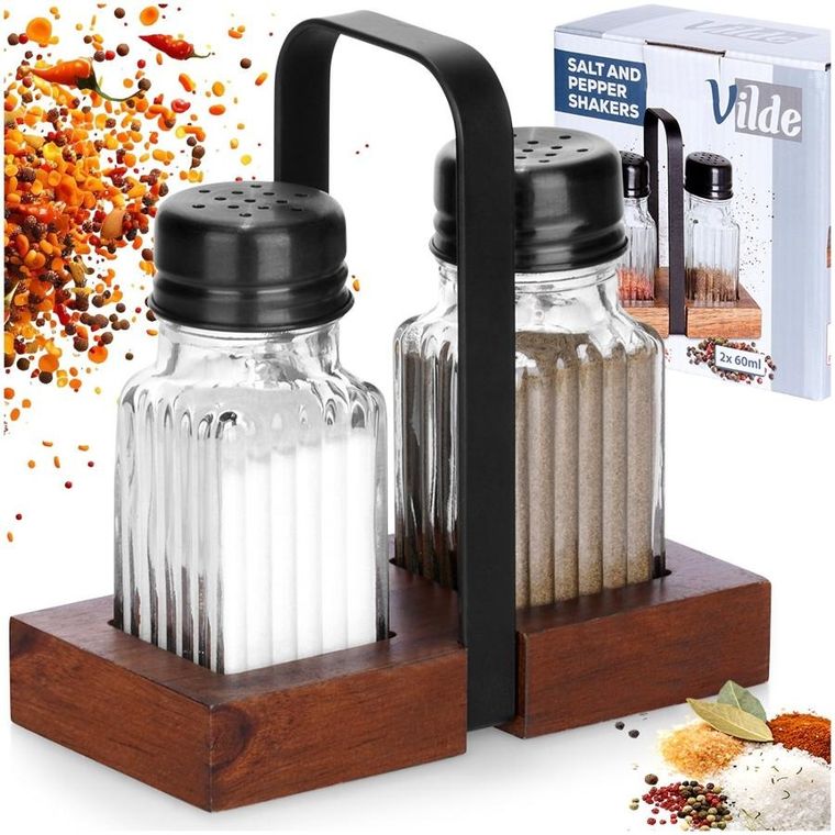 Vilde, solniczka i pieprzniczka ze stojakiem, 3 elementy