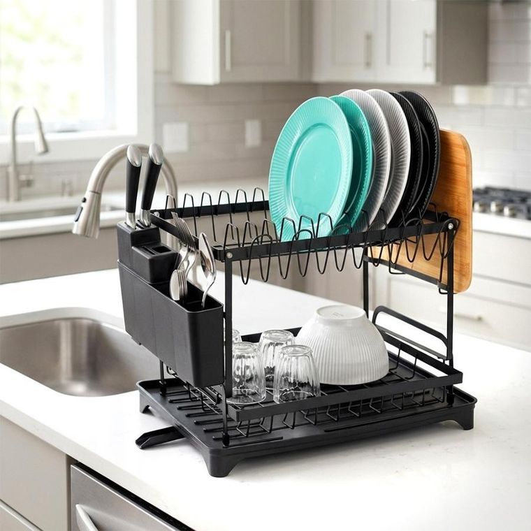 Vilde, suszarka na naczynia, metalowa, czarna, 2-poziomowa, 42-29-36,5 cm