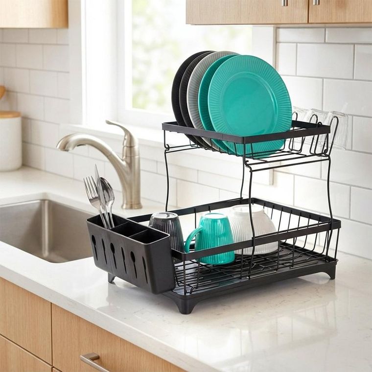 Vilde, suszarka na naczynia, metalowa, czarna, 2-poziomowa, 49,5-30-34 cm