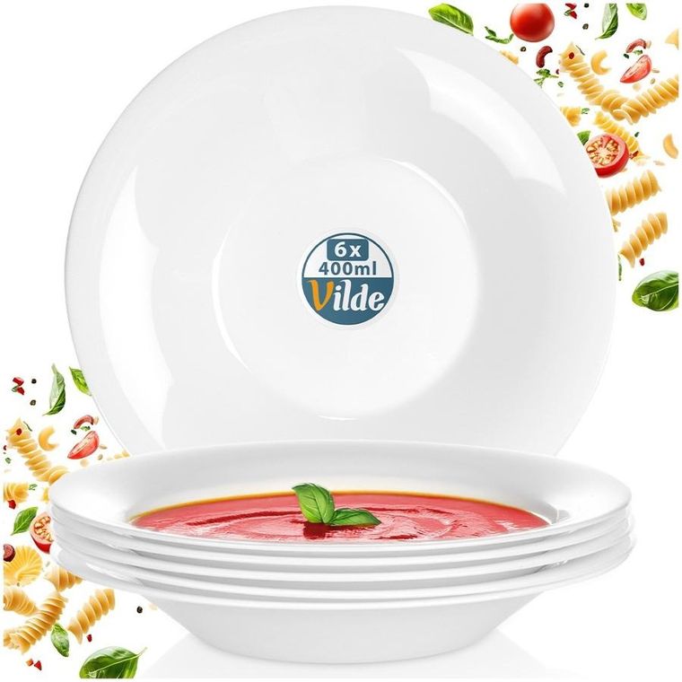 Vilde, talerze obiadowe głębokie, szklane, białe, 21,5 cm, 400 ml, 6 szt.