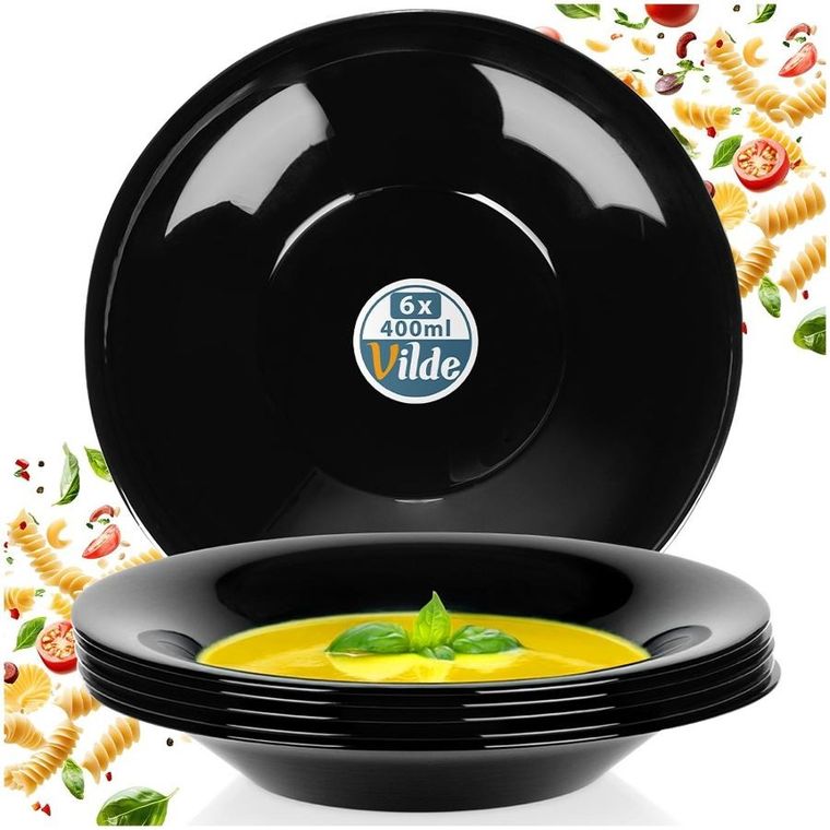 Vilde, talerze obiadowe głębokie szklane, czarne, 21,5 cm, 400 ml, 6 szt.