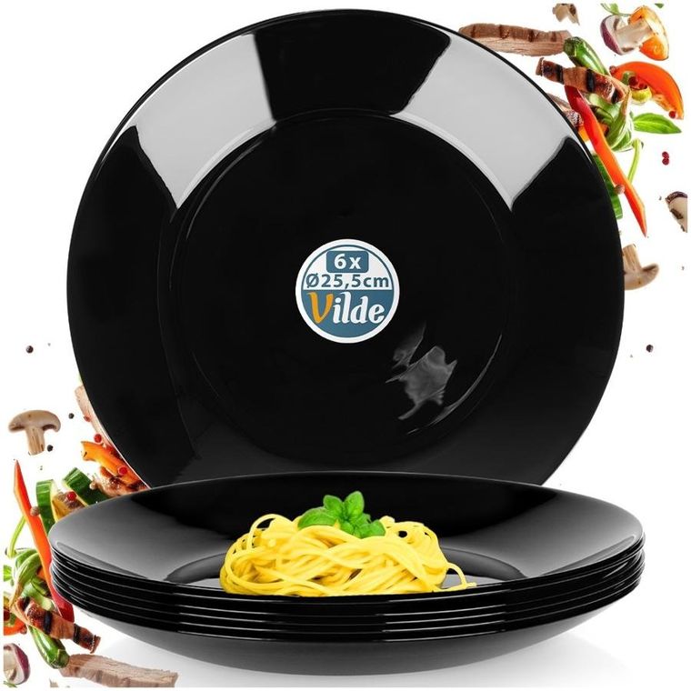 Vilde, talerze obiadowe płytkie szklane czarne 25,5 cm 6 szt.