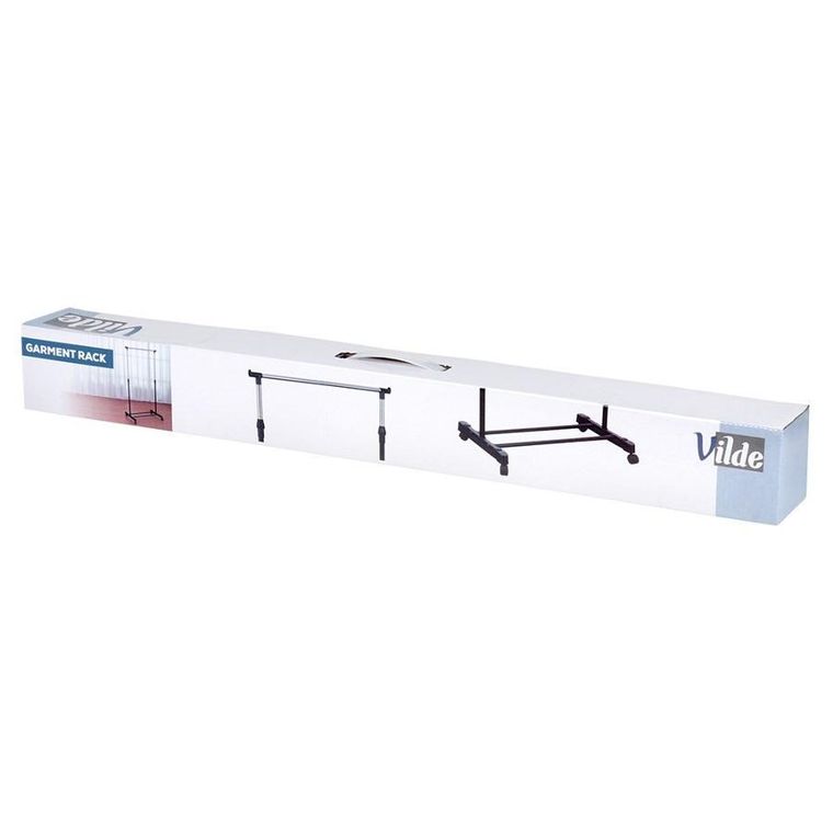 Vilde, wieszak stojący na ubrania, metalowy, czarny, na kółkach, 140 cm