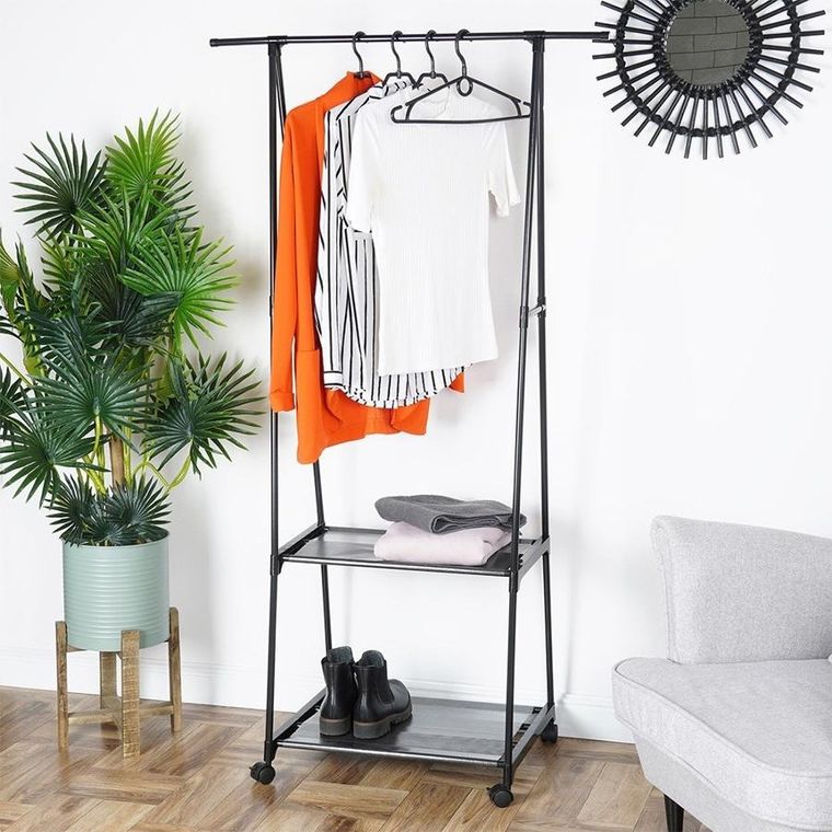 Vilde, wieszak, stojący na ubrania, metalowy czarny na kółkach, 88-44-160 cm