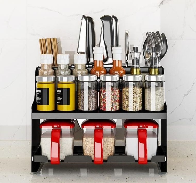 Wielofunkcyjny stojak na przyprawy kuchenne, czarny, dwupoziomowy