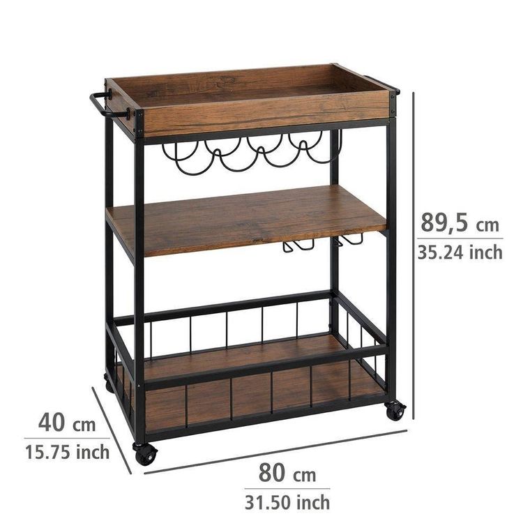 Wózek kuchenny Rustico, trójpoziomowy regał na kółkach, 80-89,5-40 cm