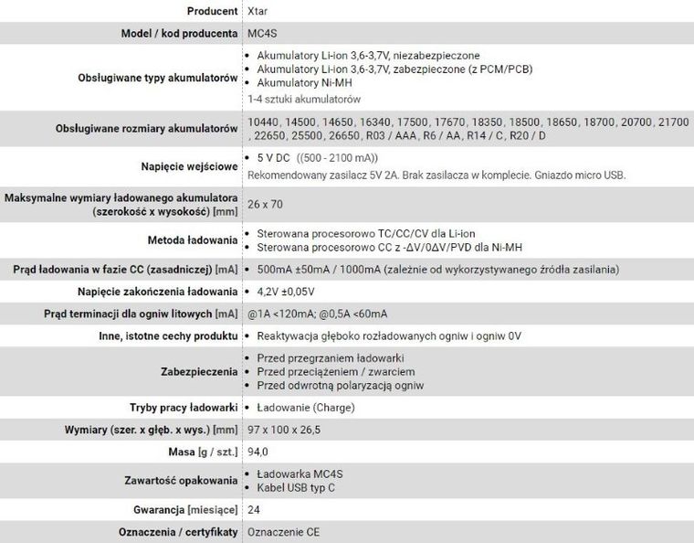 Xtar, ładowarka do akumulatorów cylindrycznych, LI-ION, MC4S