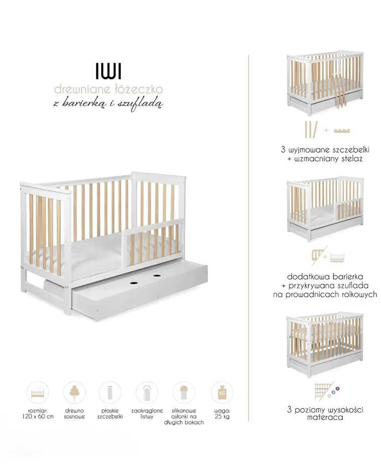 Yoonco, IWI, łóżeczko drewniane z szufladą i barierką, beż