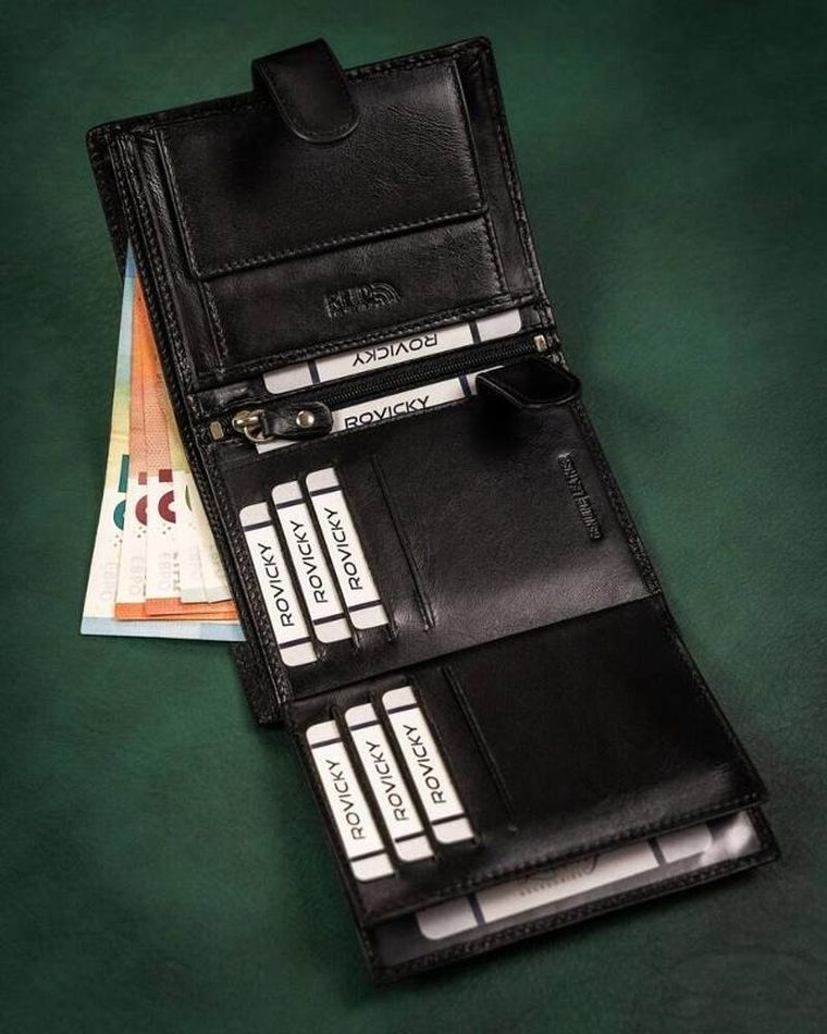 Zestaw: Portfel, Brelok, czarny, skórzany, RFID, Rovicky