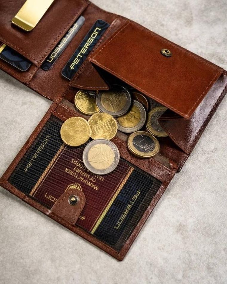 Zestaw: Portfel, Etui na karty, Brelok, brązowy, skórzany, RFID, Peterson