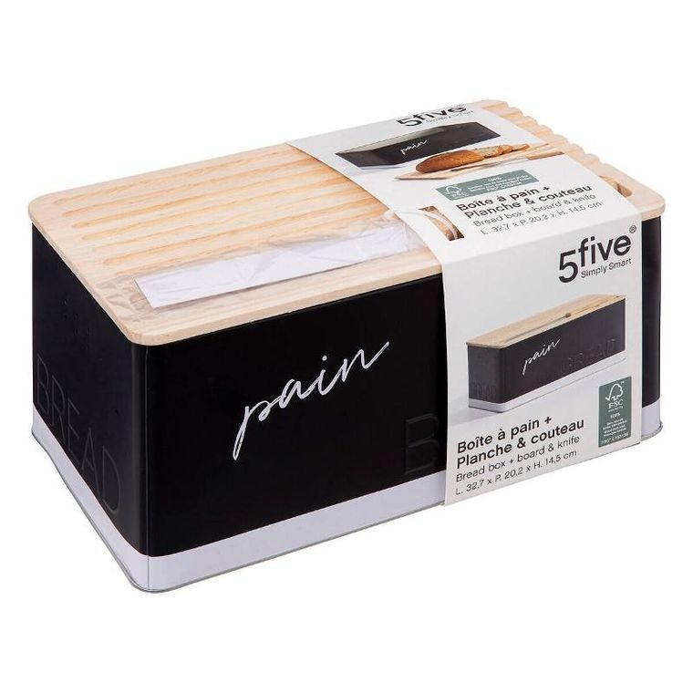 5five Simply Smart, czarny chlebak z deską do krojenia i z nożem z ząbkami, 32.7-20.2-14.5 cm