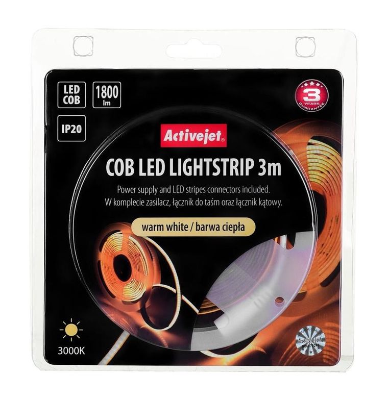 Activejet, taśma LED COB z zasilaczem, barwa ciepła, ip20, 3m