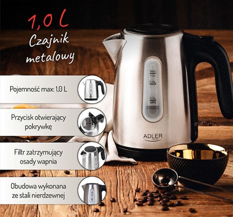 Adler, czajnik elektryczny AD 1273, 1200W, 1 l