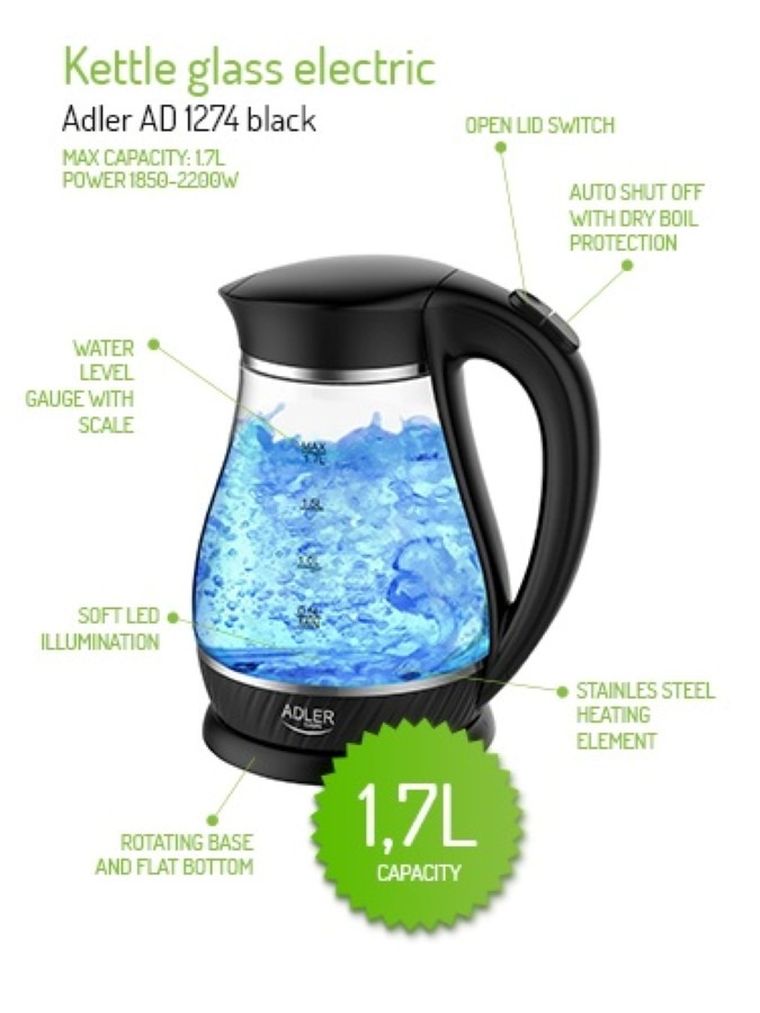 Adler, czajnik elektryczny, czarny, 2200W, 1.7l, AD 1274