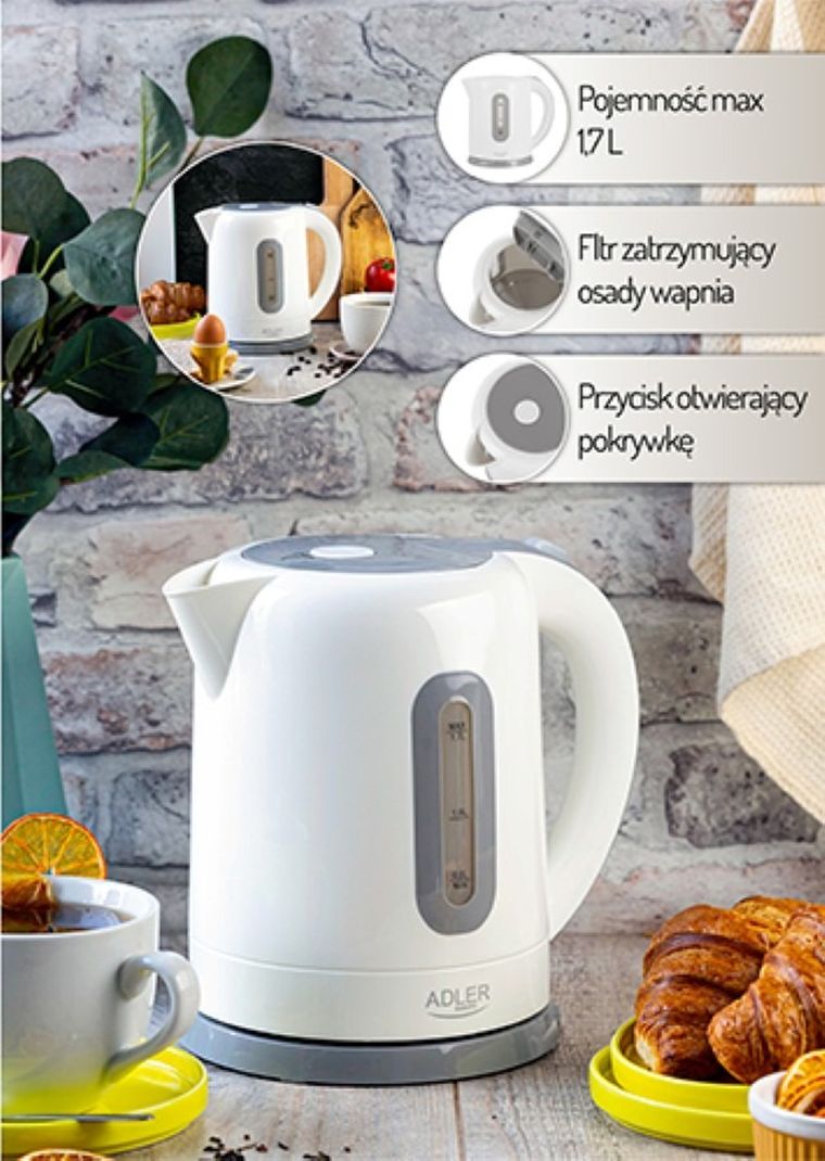 Adler, czajnik elektryczny, plastikowy, 1.7 l, 2200W, AD 1234