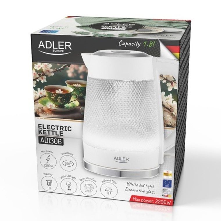 Adler, czajnik elektryczny, szklany, LED, 1,8l