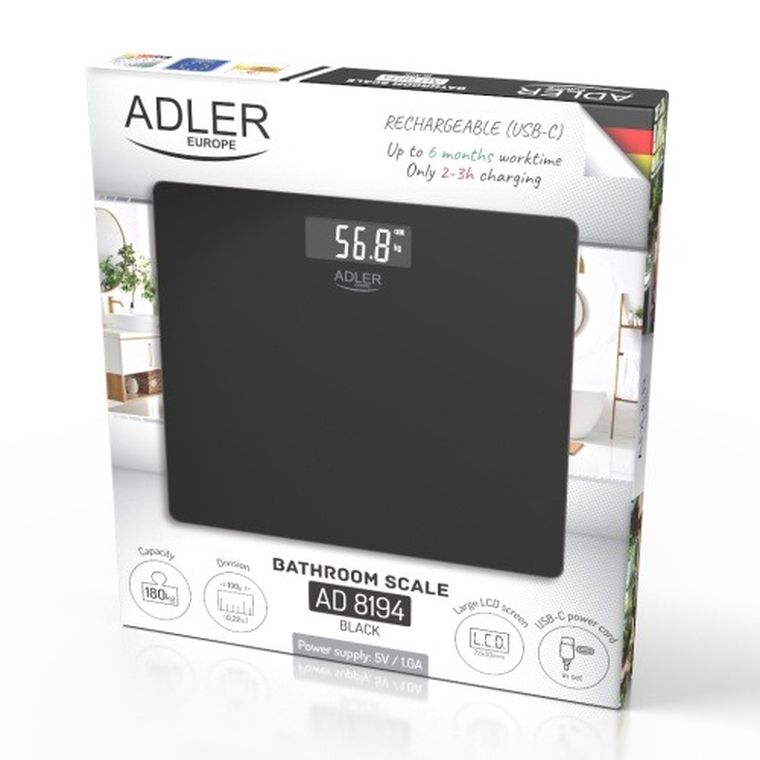Adler, waga łazienkowa USB-C, akumulatorowa, do 180 kg
