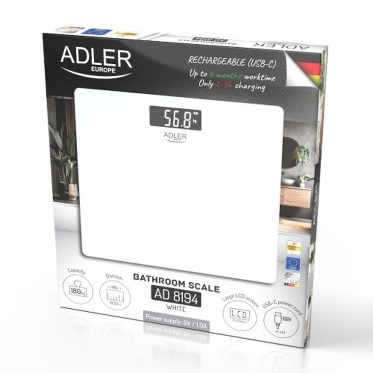 Adler, waga łazienkowa USB-C, akumulatorowa, do 180 kg