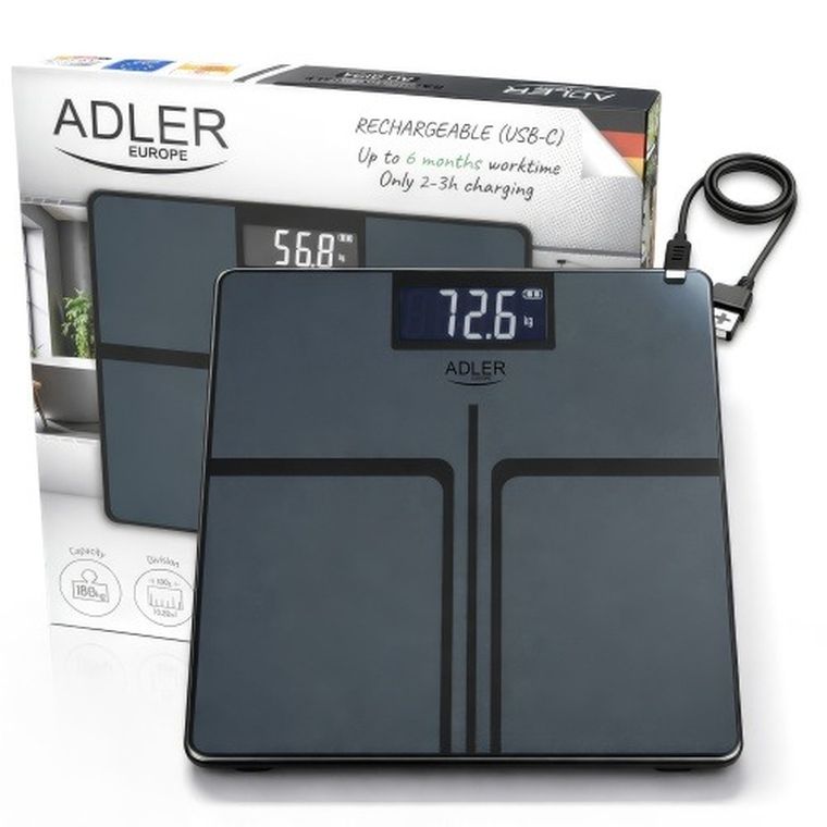 Adler, waga łazienkowa USB-C, akumulatorowa, do 180 kg