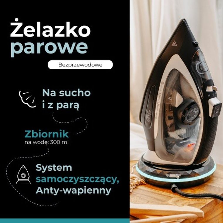Adler, żelazko parowe, bezprzewodowe