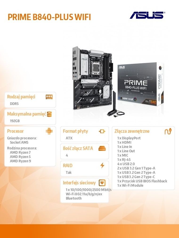 Asus, płyta główna, PRIME B840-PLUS WIFI
